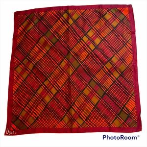 VERA SCARF SILK VINTAGE RED BLACK TAN PLAID SQUARE